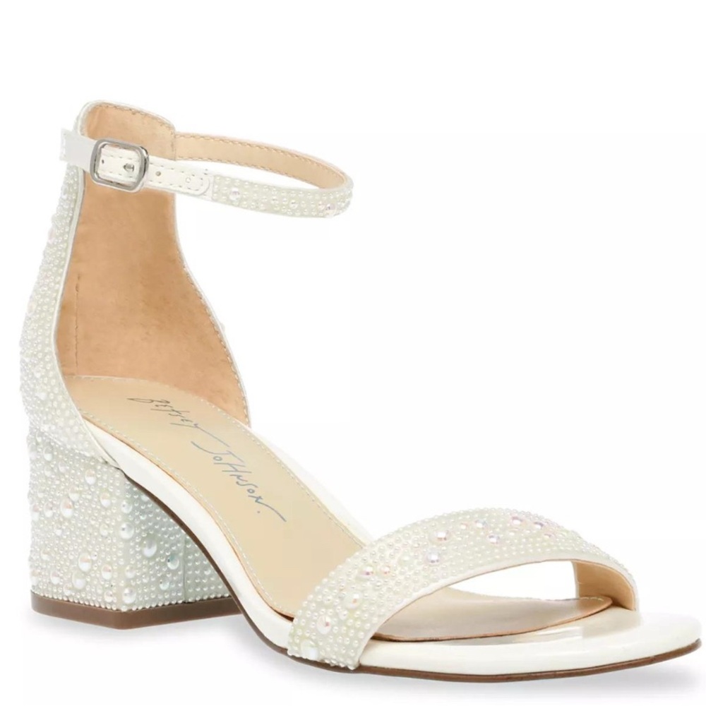 Betsey Johnson White Pearl Embellished Block Heel Sandal